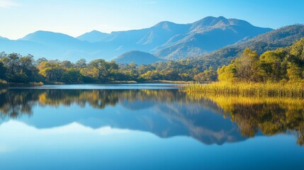 Serene lake reflecting majestic mountains under a clear sky. Autumn colors paint the shoreline.