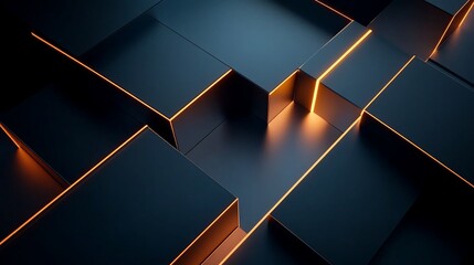 Abstract geometric composition of dark blue cubes with vibrant orange glowing lines and highlights