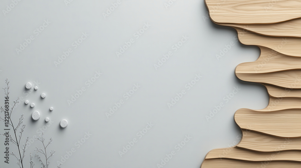 Poster Minimalist gray background with smooth wooden texture and decorative elements. design features soft curves and natural shapes, creating serene and modern aesthetic