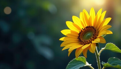 Large bright sunflower grows among tiny dark shadows, blossom, sunflower, modern