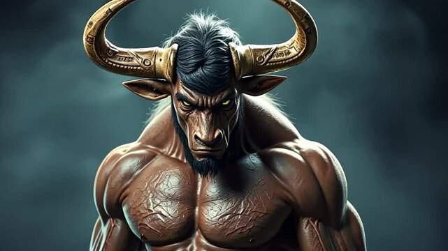 Minotaur illustrated: muscular hybrid, aggressive eyes, dark swirling background.