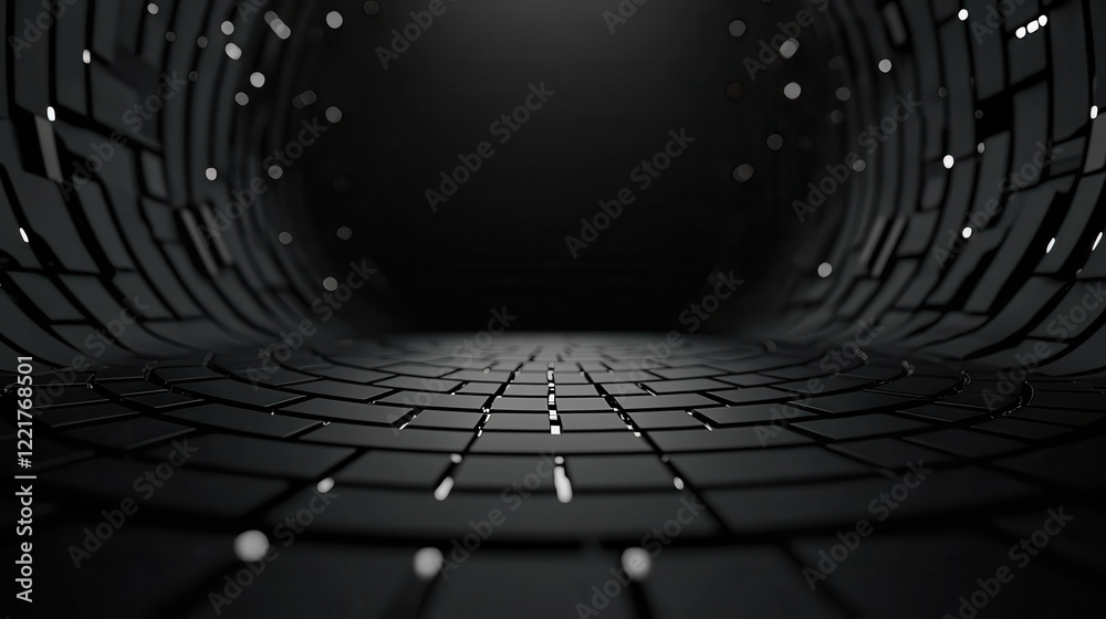 Poster dark, abstract tunnel with geometric pattern and faint light reflections creates mysterious atmosphere. design features series of interconnected shapes leading into distance