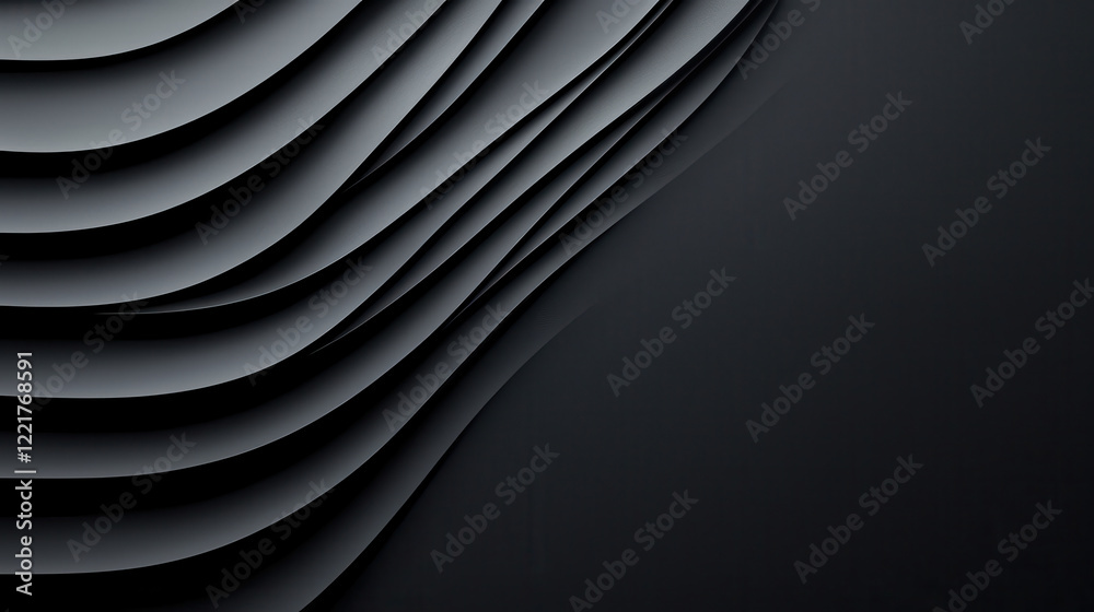 Poster Dark black background with minimalistic abstract swirls and layered curves creates modern and elegant design. Perfect for backgrounds or artistic projects