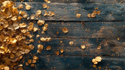 Naklejka premium Golden Autumn Leaves Scattered On Dark Wood