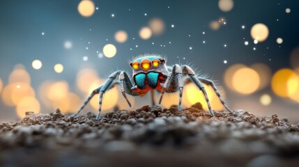 Close-Up of a Colorful Spider with Bright Orange Eyes on a Textured Surface Surrounded by Soft Bokeh Lights Creating a Magical Atmosphere