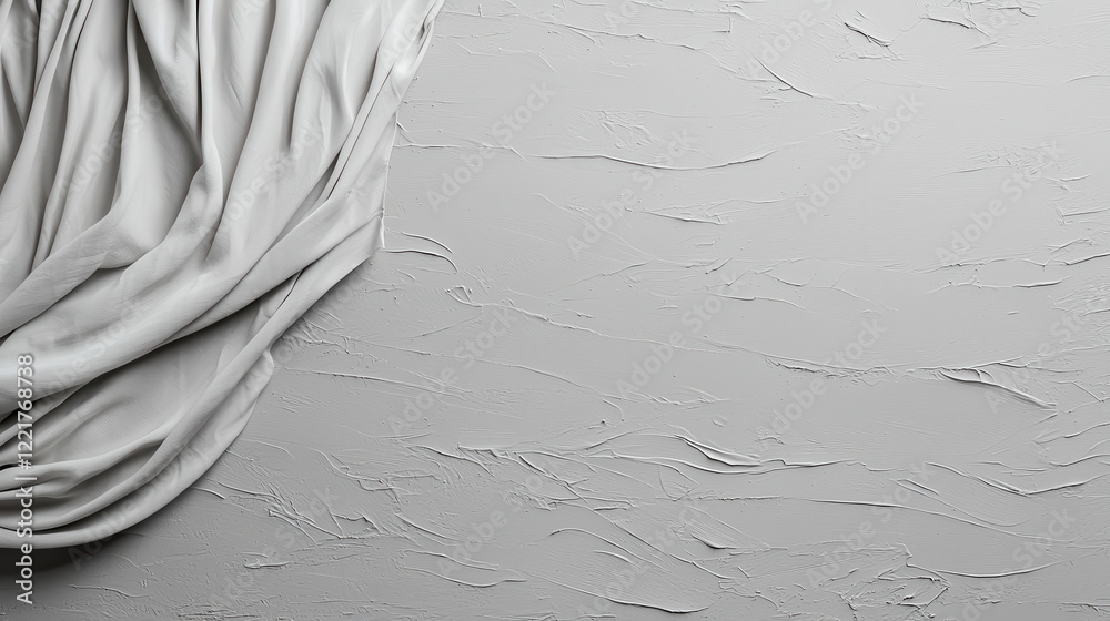 Poster Soft gray fabric draped elegantly over textured gray background, creating serene and balanced composition. smooth tones evoke calming atmosphere
