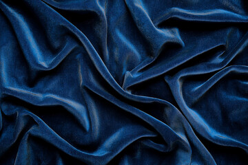 Obraz premium Deep blue velvet fabric draped elegantly, showcasing rich texture and softness in a dimly lit setting