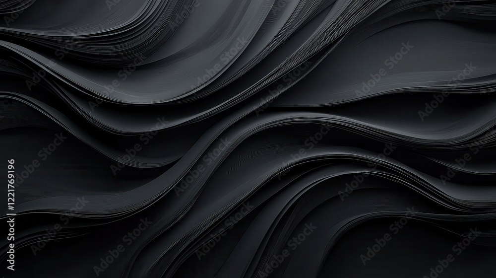 Poster Elegant black backdrop with soft flowing patterns creating sense of depth and movement. Ideal for backgrounds or artistic projects