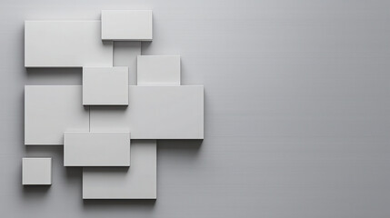 Modern abstract composition with white geometric shapes on gray background
