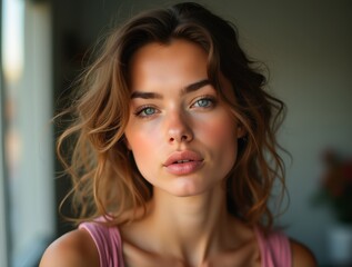 Naklejka premium Portrait of young woman with wavy hair and blue eyes posing near window