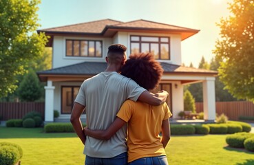 Happy couple admires new house. African American man, woman stand outside modern home. Look lovingly at new estate. Warm sunlight illuminates scene. Embrace, feeling joy, excitement for future. Photo