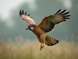Obraz premium Red-shouldered hawk diving with spread wings and talons ready to strike