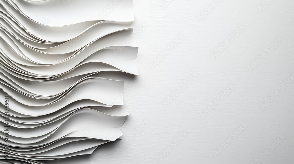 Poster Wavy white paper layers create textured background with light gray gradient. This minimalist design evokes sense of calm and simplicity, perfect for various creative projects