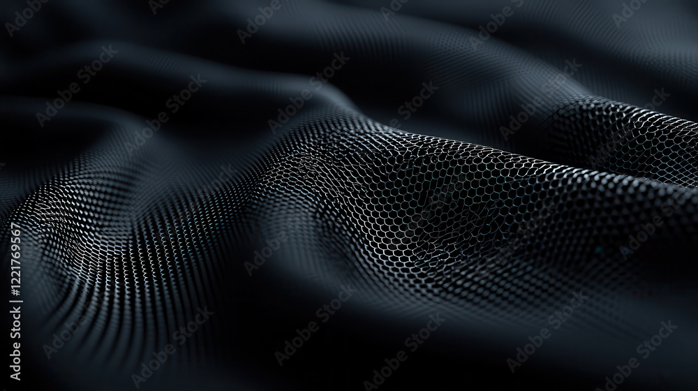 Poster Smooth black fabric with intricate hexagonal patterns, creating textured appearance. subtle sheen adds depth and elegance to material, perfect for various design applications