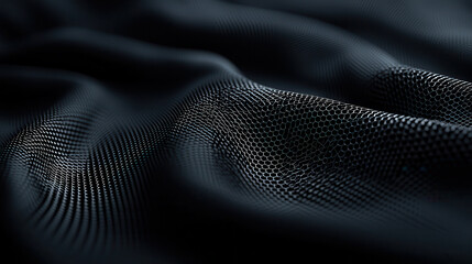 Smooth black fabric with intricate hexagonal patterns, creating textured appearance. subtle sheen adds depth and elegance to material, perfect for various design applications