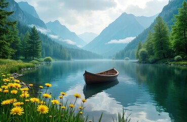 Obraz premium Serene lake scene in spring. Calm water reflects misty mountains. Wooden boat rests peacefully on lake. Rich green forest borders water. Yellow flowers bloom along shore. Peaceful landscape evokes