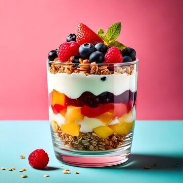A colorful fruit parfait layered with yogurt