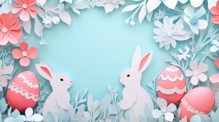 Obraz premium Paper cut Easter background with decorated eggs and bunnies forming a frame around copy space