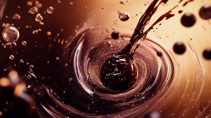 Abstract liquid chocolate splash with bubbles and vortex background in warm tones