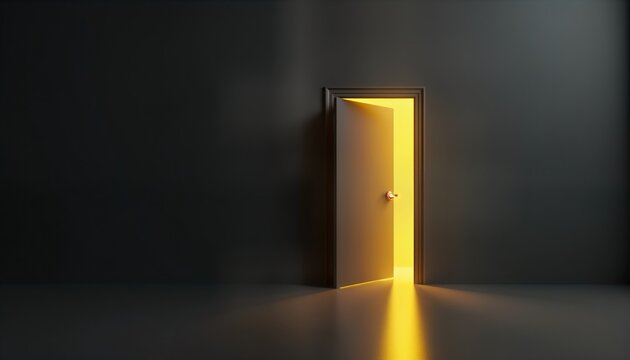 Open door reveals bright yellow light. Empty room. Minimalist style. Modern architecture. Opportunity or new beginnings metaphor. Abstract design. Great for business or inspirational concepts.