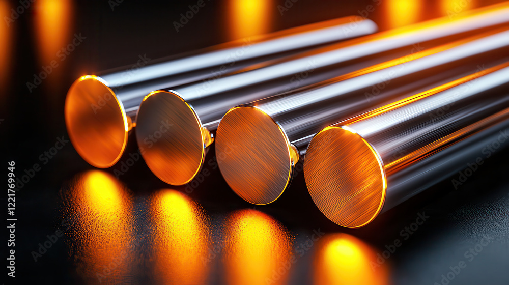 Poster shiny steel bars arranged in row, reflecting warm orange light on dark surface, creating striking vi