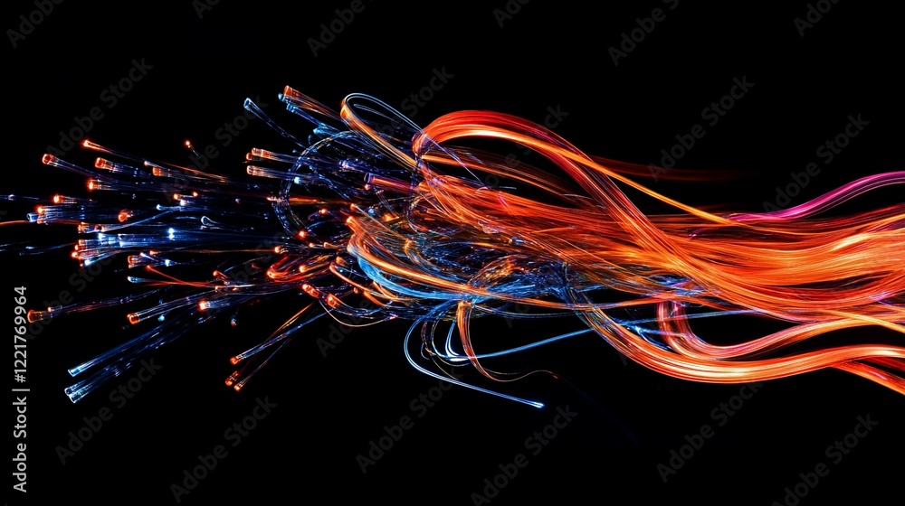 Wall mural abstract flowing light trails on black background, dynamic light effect, luminous strings