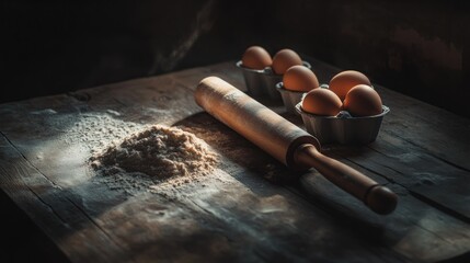 Baking Essentials: Flour, Rolling Pin, and Eggs