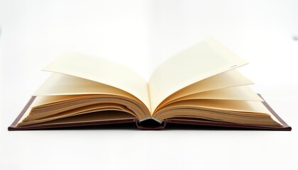 Obraz premium Open book with blank pages lies flat on white background. Pages spread wide revealing blank cream-colored paper. Leather-like cover deep reddish-brown. Book ready to read used as template background