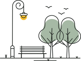 Minimalist City Park Scene with Bench, Trees, and Lamp Post illustration