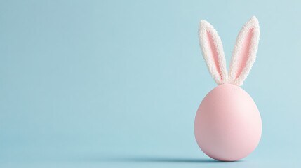 Pink ceramic egg with bunny ears on a soft blue background, space for text