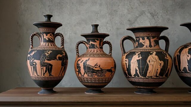 Four ancient Greek vases on a wooden surface, displaying black-figure designs and mythological scenes against a textured gray wall.