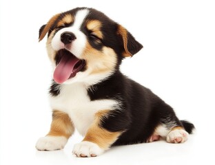 Corgi puppy sitting on a white background, tongue out and winking, isolated on a white background. with generative ai