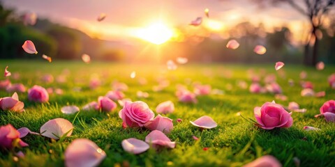 Softly falling pink rose petals on a green grassy field at sunset