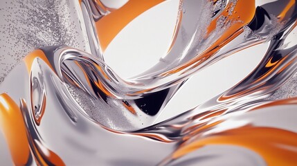 Abstract artwork with flowing silver and orange lines and a reflective surface with many small dots