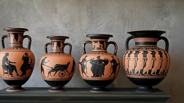 Four ancient Greek vases on a wooden surface, displaying black-figure designs and mythological scenes against a textured gray wall.