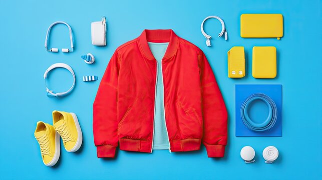 A bright, vibrant fashion layout with a red jacket, yellow sneakers, and electric blue accessories arranged symmetrically.