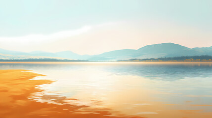 Fototapeta premium Shimmering surface of a tranquil lagoon, with golden sandy shores and distant hills creating a serene scene. shimmering shores. illustration. Shimmering Lagoon. Illustration