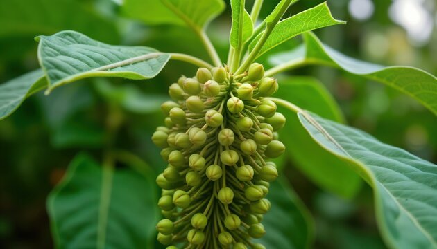 Close up of Griffonia simplicifolia plant in West Africa. Vibrant green leaves frame cluster of small green seeds. Tropical rainforest setting. Medicinal herb with potential for mental health