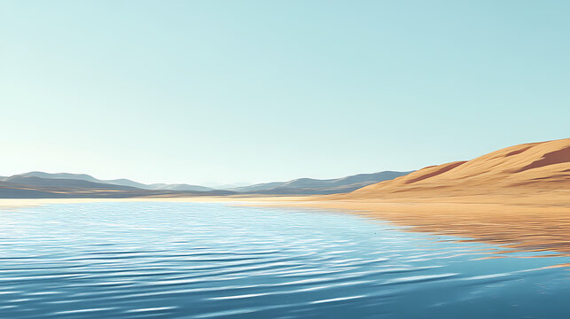 Shimmering surface of a tranquil lagoon, with golden sandy shores and distant hills creating a serene scene. shimmering shores. illustration. Shimmering Lagoon. Illustration
