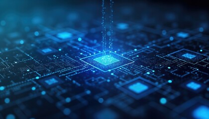 Obraz premium Futuristic tech background shows complex circuit board. Blue glowing lines, squares depict data flow. Abstract design suggests innovation, tech advancements. Complex system shows digital