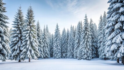 Serene snow-covered trees stand tall amidst a blanket of white