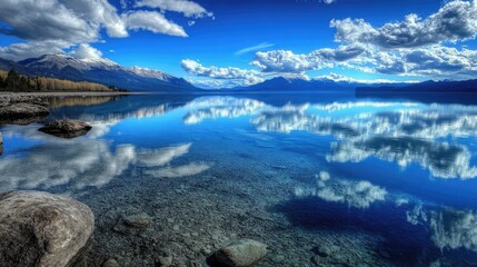 A calm and clear lake reflecting the blue sky, creating a serene and positive energy atmosphere.