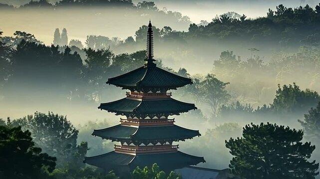 A multi-tiered East Asian pagoda stands amidst lush, misty forest, harmonizing with vibrant greenery and serene atmosphere.