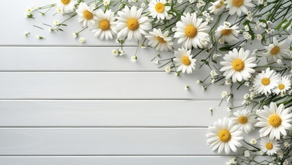 Fototapeta premium A corner arrangement of daisies and small white flowers on a white wood plank background.