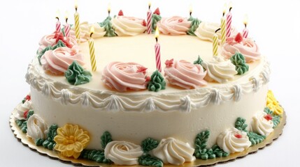A delicious vanilla birthday cake decorated with buttercream roses and candles.