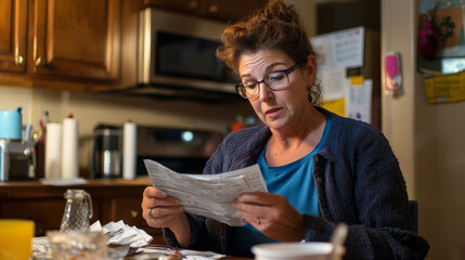 Fototapeta premium Struggling single mother reviewing bills at cluttered kitchen table, feeling overwhelmed by financial stress