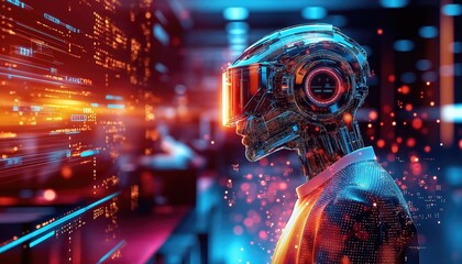 Robotics Lab Robotic Figure Analyzing Digital Data in Futuristic Setting