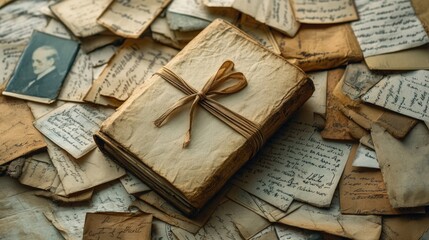 Fototapeta premium A closed Bible tied with a ribbon, resting on a pile of aged letters and postcards.