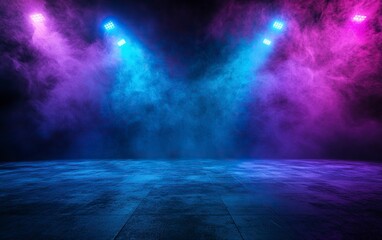 Obraz premium Epic background for photography, dance floor with neon blue and purple spotlights, smoke in the air, with generative ai