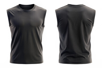 Blank black sleeveless shirt mockup isolated on white background, front and back view, 3d rendering. Empty jersey sport tank top for basketball uniform mock up,natural shape on invisible mannequin